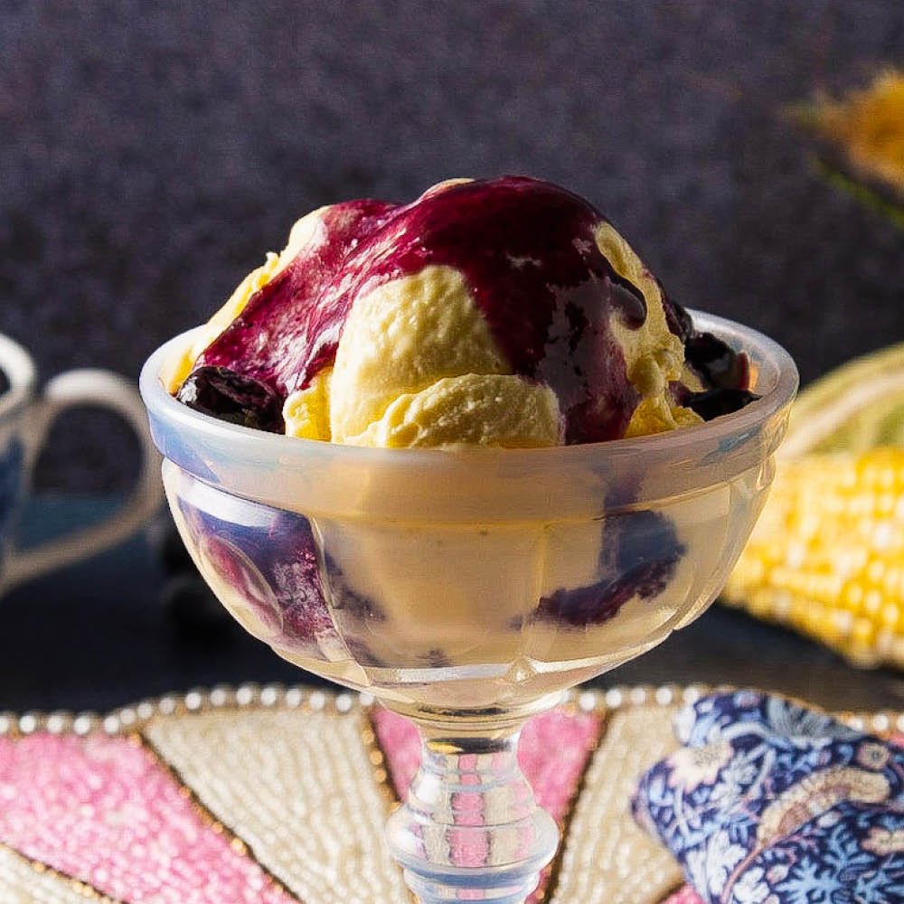 Summer Sweet Corn Ice Cream with Fresh Blueberry Drizzling Sauce