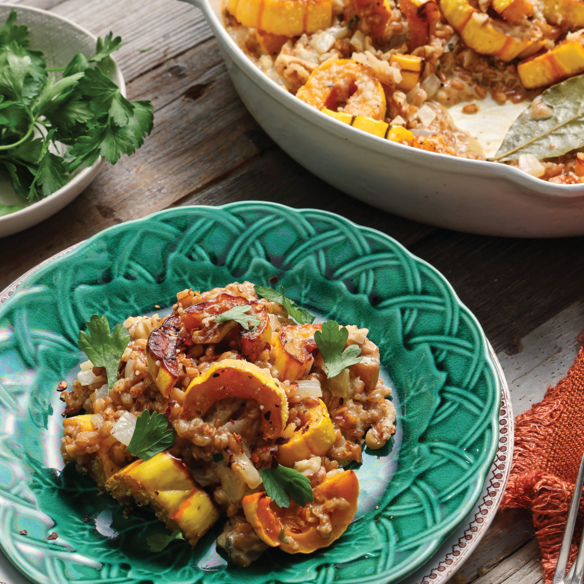 Delicata Squash and Farro Bake with Sage Brown Butter