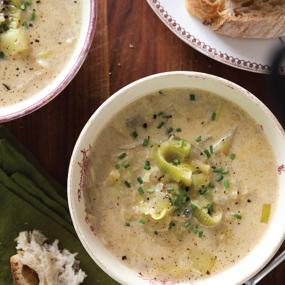 Festive Leek and Potato Soup Recipe with Blue Cheese and Roasted Garlic