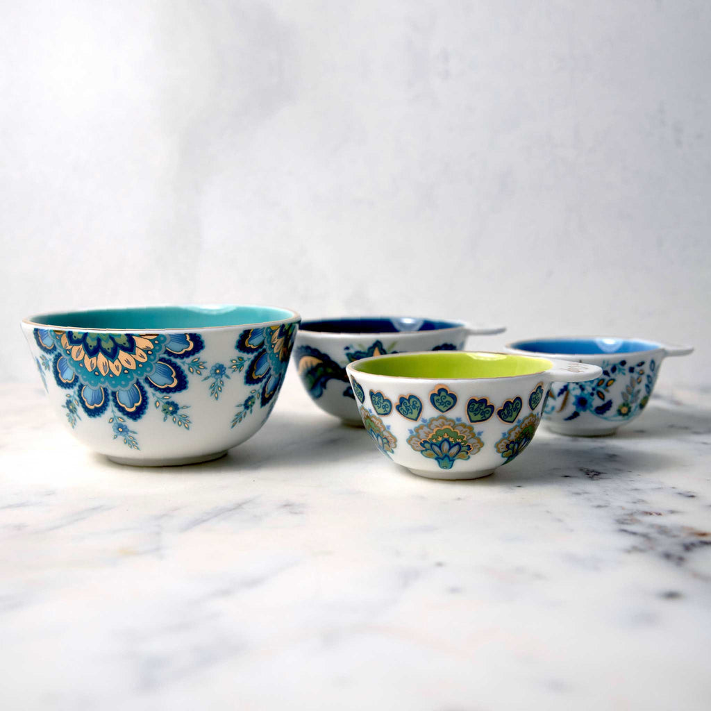 Mary DiSomma's Nested Ceramic Measuring Cup Set Designer Floral Print with Gold Overlay