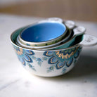 Mary DiSomma's Nested Ceramic Measuring Cup Set, Stacked View and Floral Print Closeup