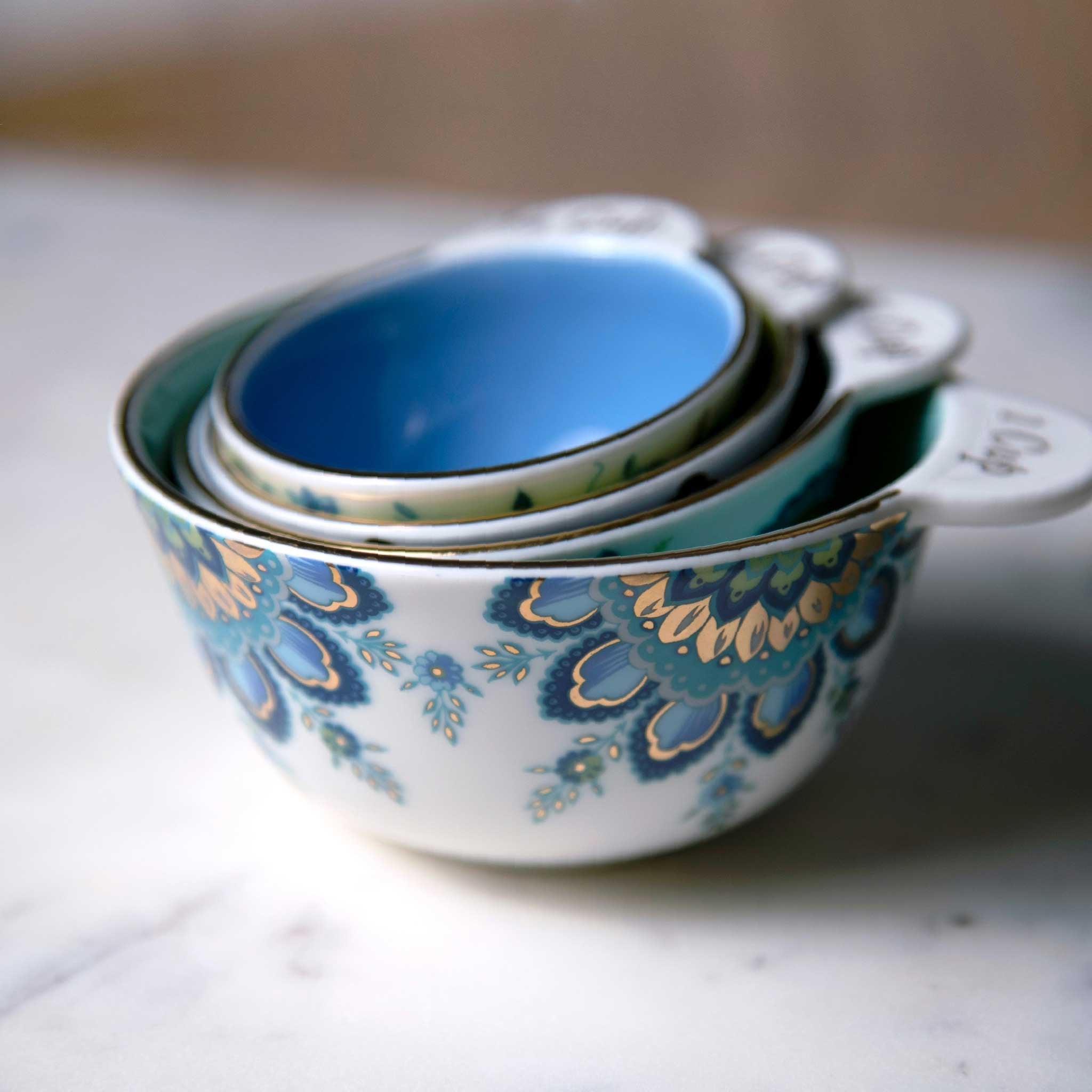 Mary DiSomma's Nested Ceramic Measuring Cup Set, Stacked View and Floral Print Closeup