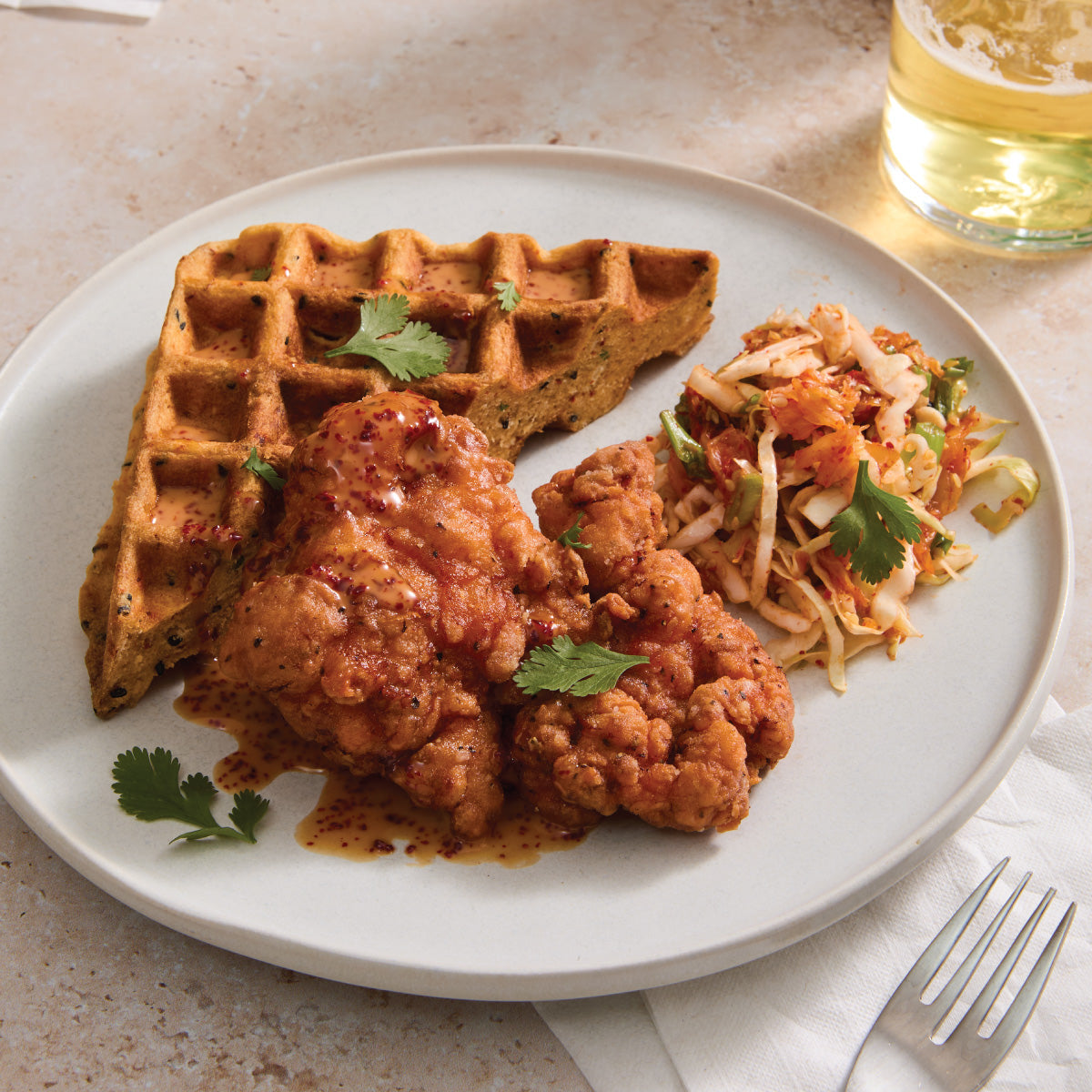 Chicken and Waffles with Kimchi Slaw