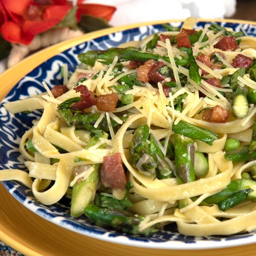 Fettuccine with Pancetta, Asparagus & Pea