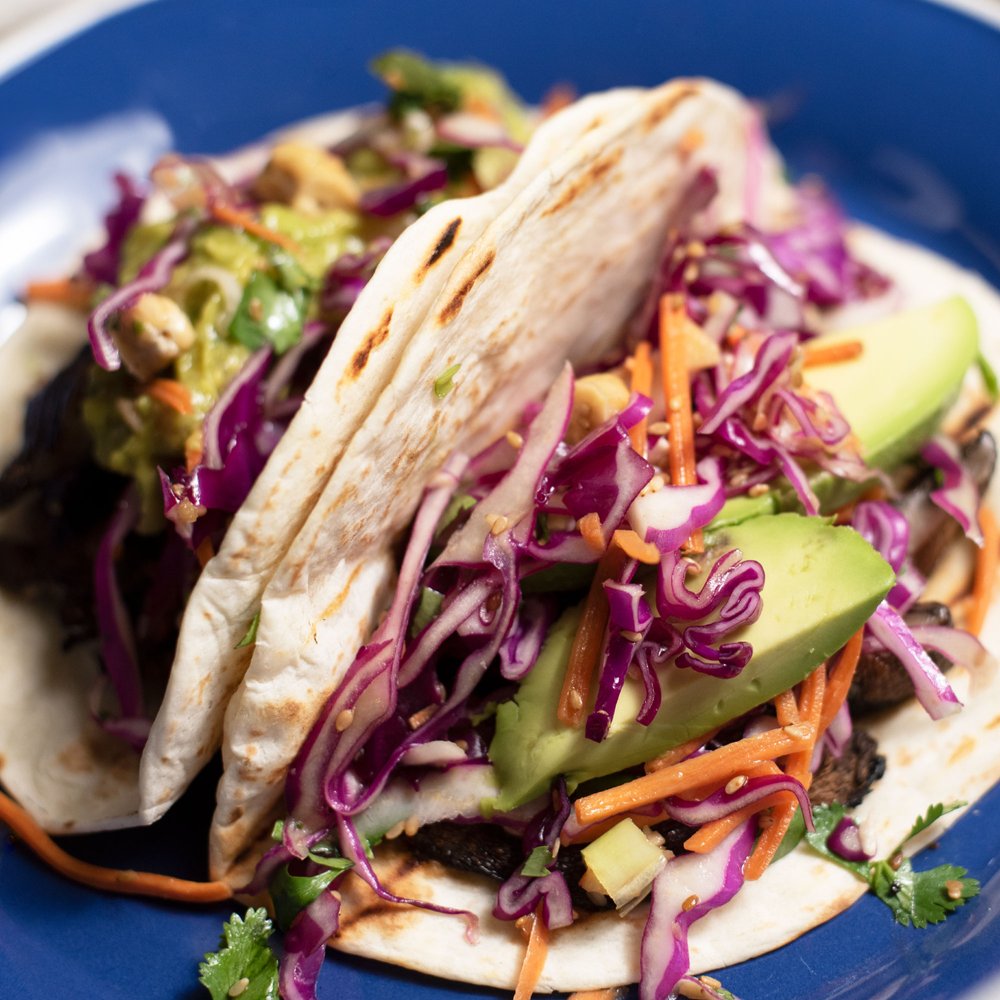 Grilled Portabella Mushroom Tacos with Mary’s Super Crunchy Asian Coleslaw