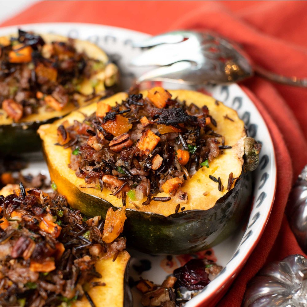 Stuffed Acorn Squash with Wild Rice and Sweet Italian Sausage