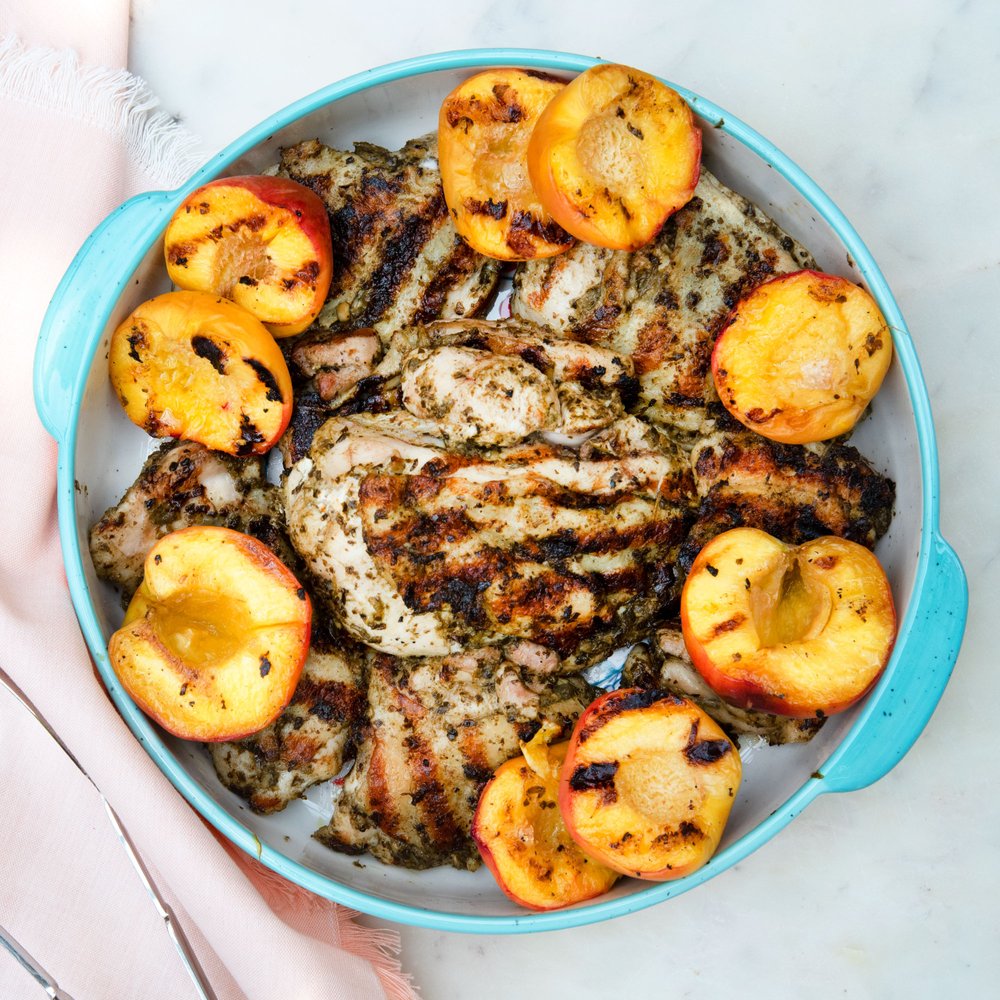 Pesto Grilled Chicken with Grilled Peaches or Nectarines