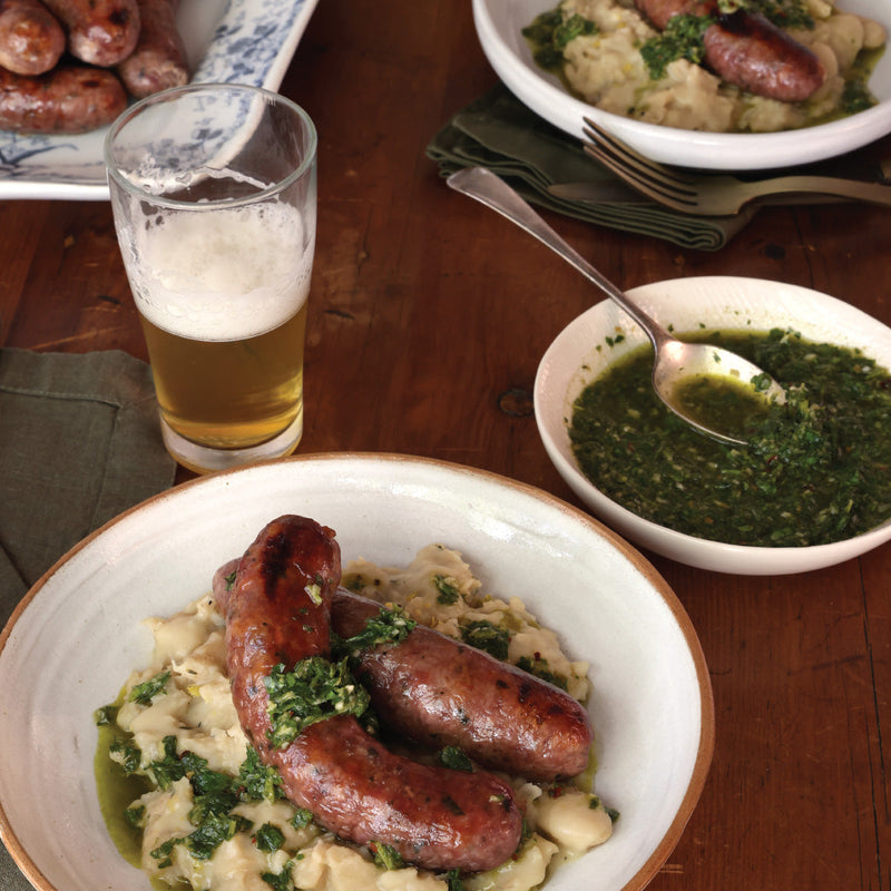 Pork Sausages & White Beans with Chimichurri