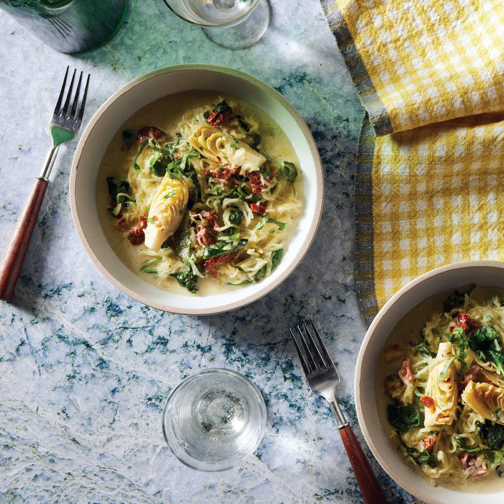 Tuscan Low Carb Spaghetti Squash Recipe with Artichokes and Sun-Dried Tomatoes