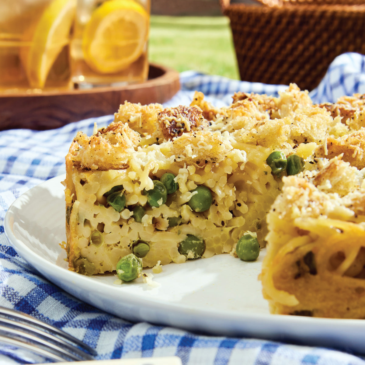 Cacio e Pepe Pasta Pie with Peas